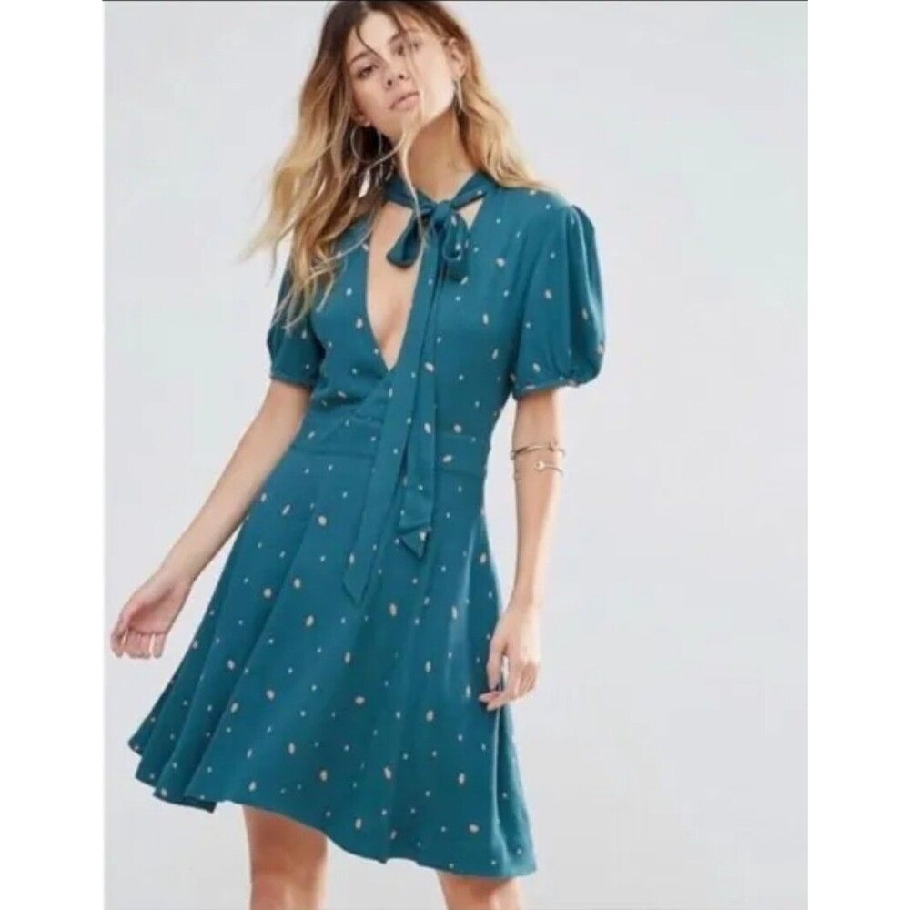 Free People Women's Dress Size 0 Green Polka Dot A-Line Flare Keyhole "Abbie"